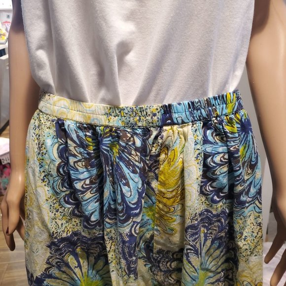 Serengeti Sz L Yellow Blues Floral Pull on Elastic Midi Skirt Cotton Unlined - Picture 2 of 7